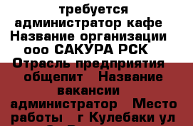 требуется администратор кафе › Название организации ­ ооо САКУРА РСК  › Отрасль предприятия ­ общепит › Название вакансии ­ администратор › Место работы ­ г.Кулебаки ул.Ст.Разина 61 › Подчинение ­ ген.директору › Минимальный оклад ­ 15 000 - Нижегородская обл., Кулебакский р-н, Кулебаки г. Работа » Вакансии   